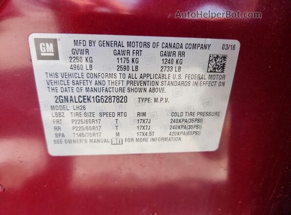 2GNALCEK1G6287820 2016 CHEVROLET EQUINOX Красный Панорамный вид салона 360°