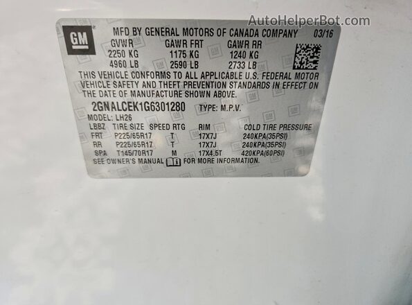 2GNALCEK1G6301280 2016 CHEVROLET EQUINOX White VIN կոդի պիտակի տեսք