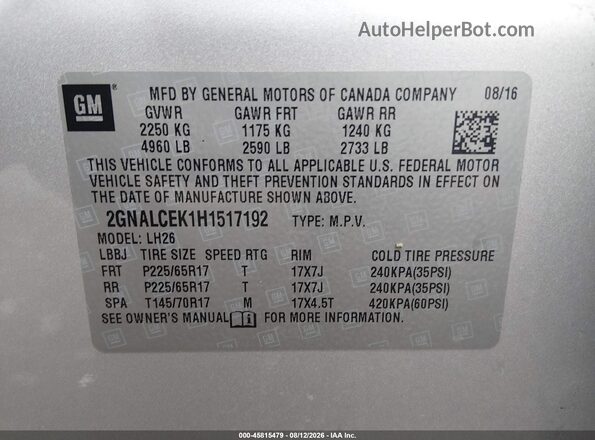 2GNALCEK1H1517192 2017 CHEVROLET EQUINOX Silver Widok komory silnika
