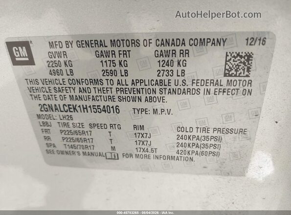 2GNALCEK1H1554016 2017 CHEVROLET EQUINOX Silver Вид підкапотного простору