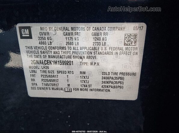 2GNALCEK1H1599201 2017 CHEVROLET EQUINOX Blue Widok komory silnika