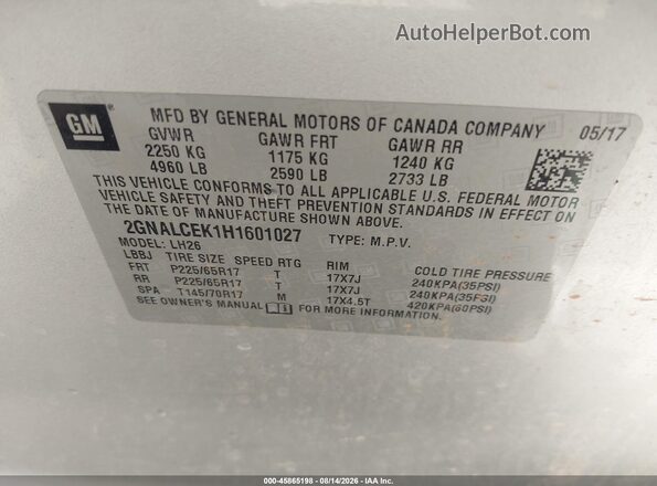 2GNALCEK1H1601027 2017 CHEVROLET EQUINOX Silver Widok komory silnika