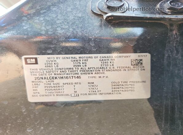 2GNALCEK1H1617146 2017 CHEVROLET EQUINOX Gray VIN sticker view