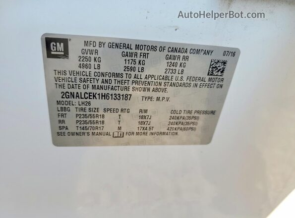 2GNALCEK1H6133187 2017 CHEVROLET EQUINOX White Widok naklejki z numerem VIN