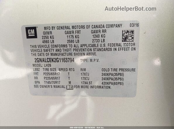 2GNALCEK2G1163794 2016 CHEVROLET EQUINOX Silver ძრავის განყოფილების ხედი