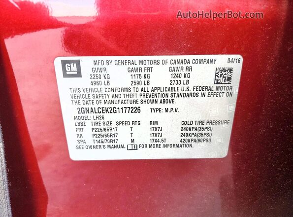 2GNALCEK2G1177226 2016 CHEVROLET EQUINOX Maroon Շարժիչի բաժամունքի տեսք