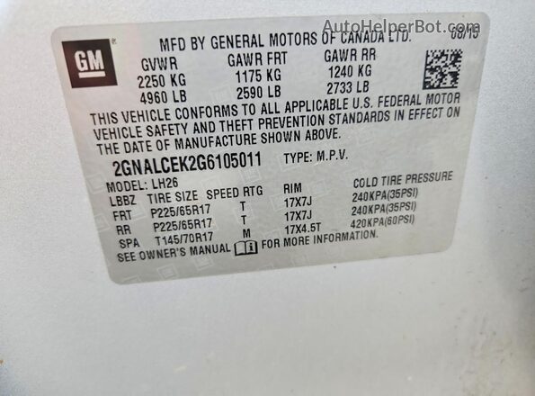 2GNALCEK2G6105011 2016 CHEVROLET EQUINOX Silver Вид наклейки з VIN-кодом