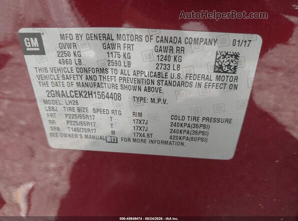 2GNALCEK2H1564408 2017 CHEVROLET EQUINOX Red Вид підкапотного простору