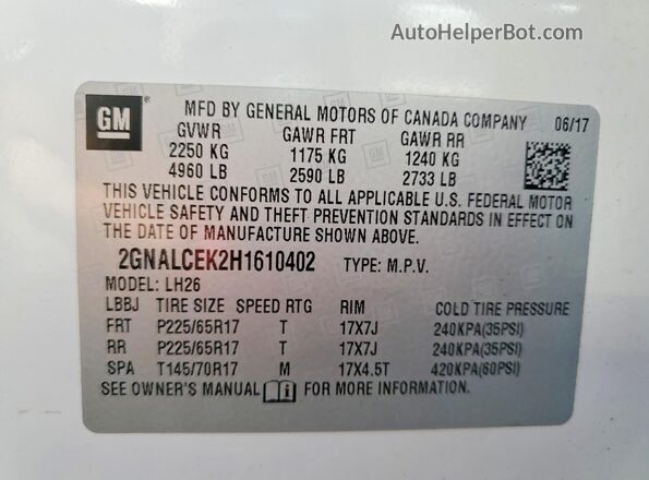 2GNALCEK2H1610402 2017 CHEVROLET EQUINOX Белый Вид наклейки с VIN-кодом