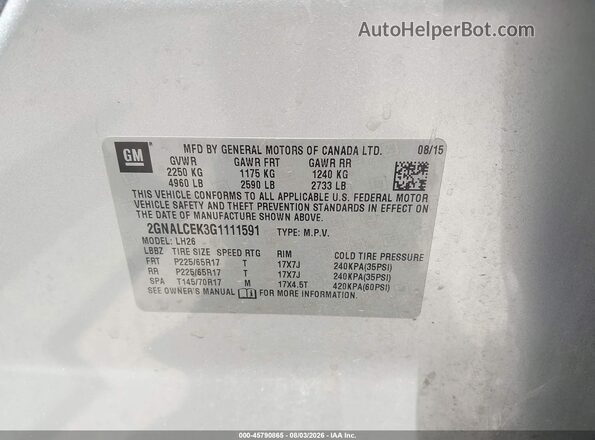 2GNALCEK3G1111591 2016 CHEVROLET EQUINOX Silver Widok komory silnika