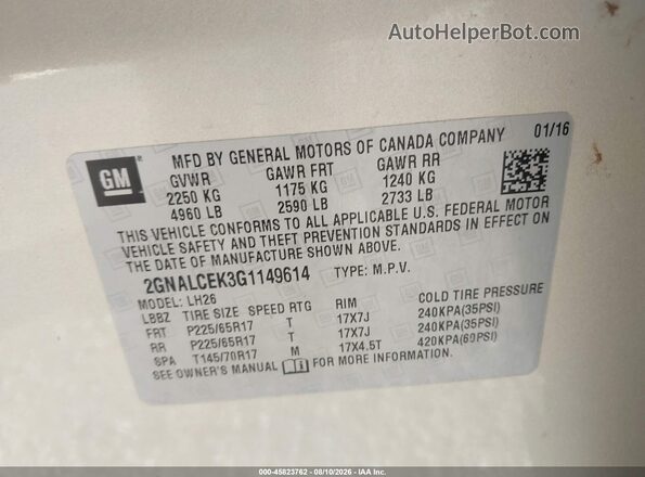 2GNALCEK3G1149614 2016 CHEVROLET EQUINOX Champagne Вид подкапотного пространства