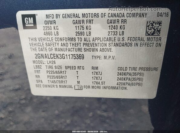 2GNALCEK3G1175369 2016 CHEVROLET EQUINOX Dark Blue Вид подкапотного пространства