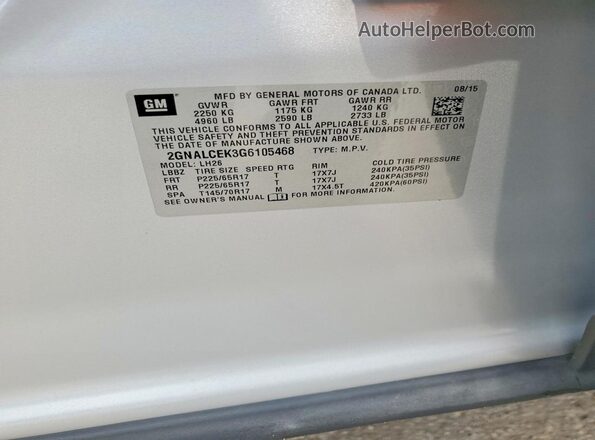 2GNALCEK3G6105468 2016 CHEVROLET EQUINOX Silver Vista de la etiqueta del VIN