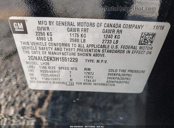 2GNALCEK3H1551229 2017 CHEVROLET EQUINOX Black Widok komory silnika