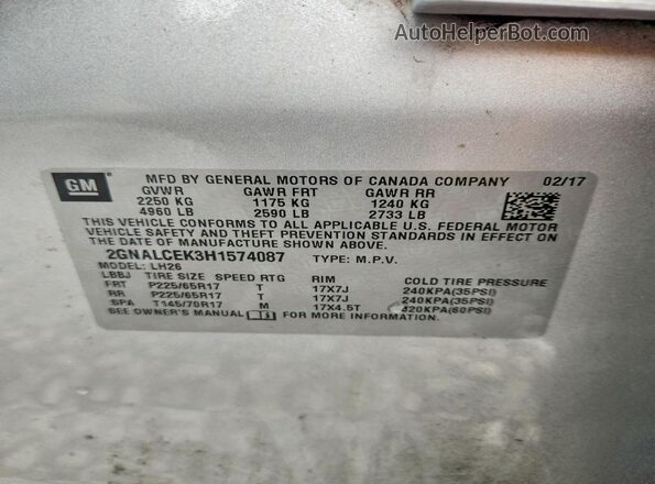 2GNALCEK3H1574087 2017 CHEVROLET EQUINOX Серебряный Вид наклейки с VIN-кодом
