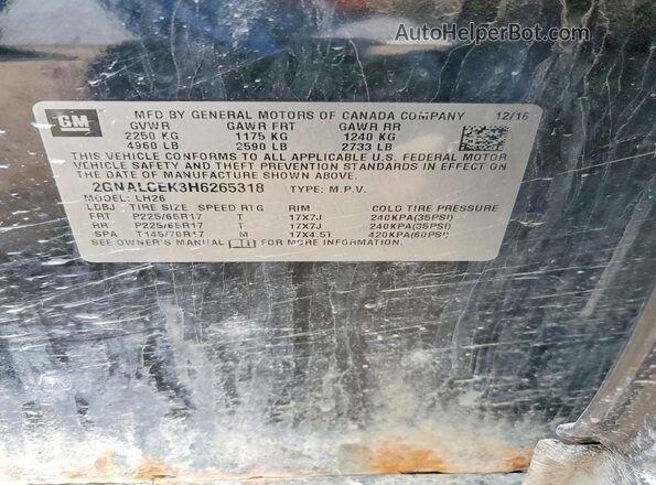 2GNALCEK3H6265318 2017 CHEVROLET EQUINOX Black Вид наклейки з VIN-кодом
