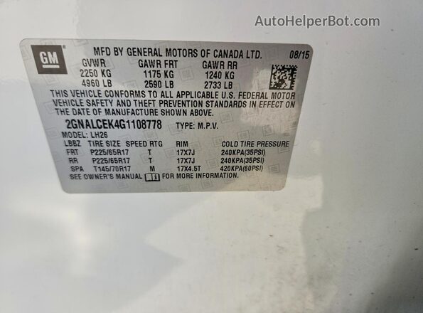 2GNALCEK4G1108778 2016 CHEVROLET EQUINOX White Սալոնի 360 աստիճան տեսք
