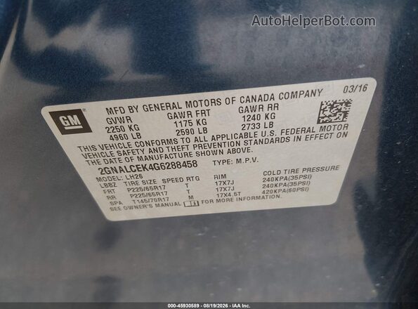 2GNALCEK4G6288458 2016 CHEVROLET EQUINOX Blue Շարժիչի բաժամունքի տեսք