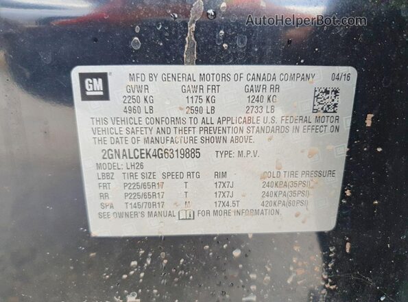 2GNALCEK4G6319885 2016 CHEVROLET EQUINOX Black VIN sticker view