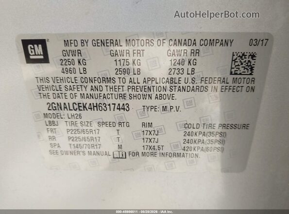 2GNALCEK4H6317443 2017 CHEVROLET EQUINOX Silver Widok komory silnika