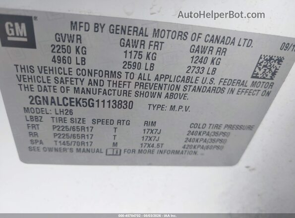 2GNALCEK5G1113830 2016 CHEVROLET EQUINOX Белый Вид подкапотного пространства