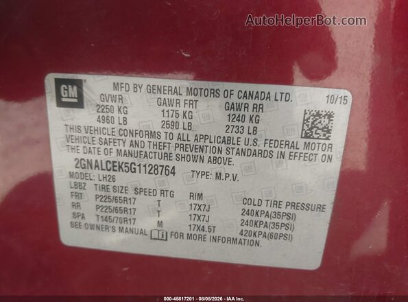 2GNALCEK5G1128764 2016 CHEVROLET EQUINOX Red Вид підкапотного простору