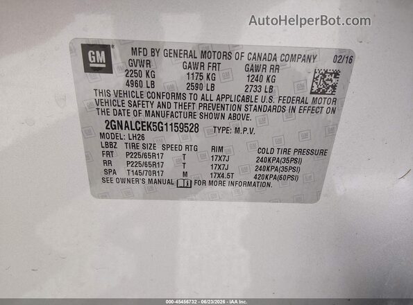 2GNALCEK5G1159528 2016 CHEVROLET EQUINOX Silver Շարժիչի բաժամունքի տեսք