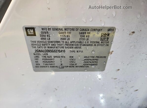2GNALCEK5G6276416 2016 CHEVROLET EQUINOX White VIN sticker view