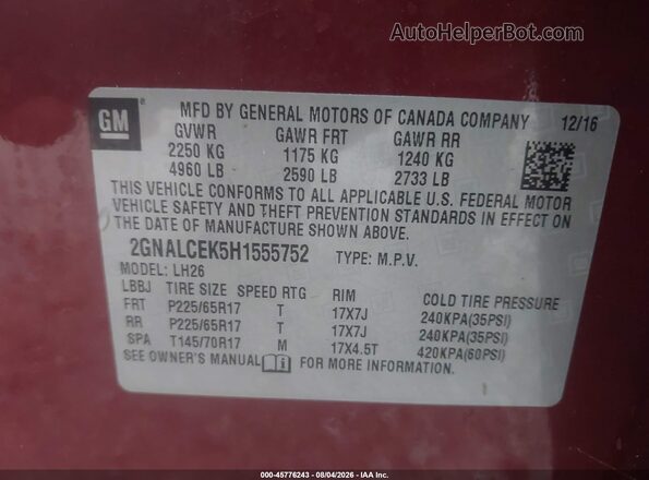 2GNALCEK5H1555752 2017 CHEVROLET EQUINOX Red Engine compartment view