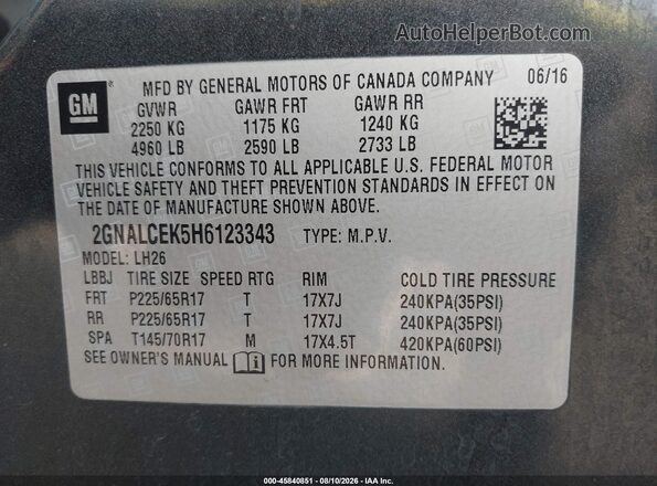 2GNALCEK5H6123343 2017 CHEVROLET EQUINOX Gray Widok komory silnika