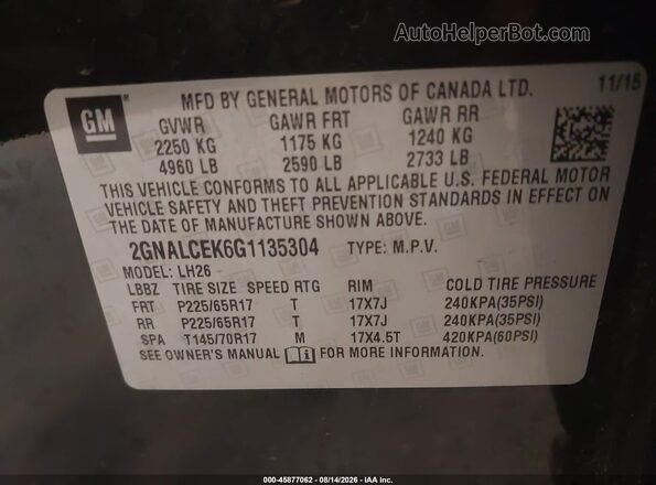 2GNALCEK6G1135304 2016 CHEVROLET EQUINOX Black Vista del compartimento del motor