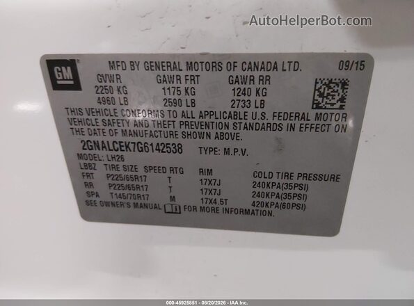 2GNALCEK7G6142538 2016 CHEVROLET EQUINOX White Engine compartment view