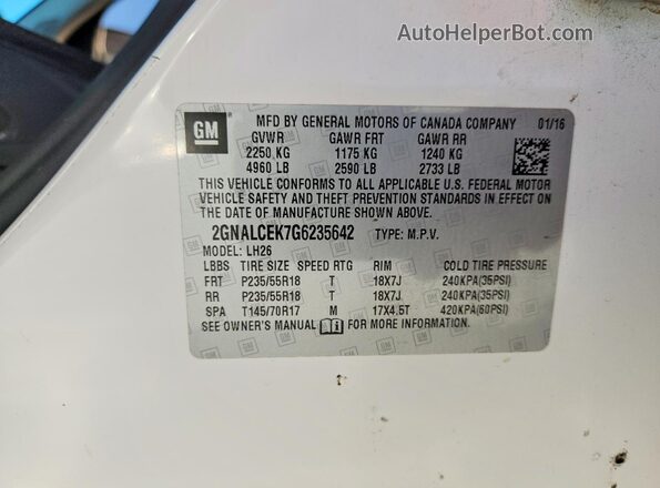 2GNALCEK7G6235642 2016 CHEVROLET EQUINOX Белый Вид наклейки с VIN-кодом