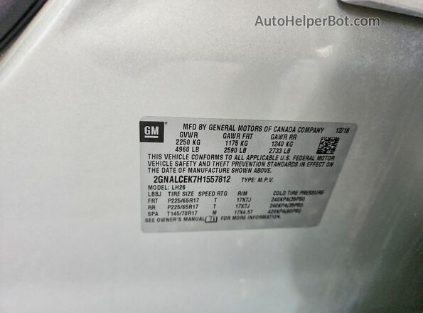 2GNALCEK7H1557812 2017 CHEVROLET EQUINOX Silver Панорамний вид салону 360°