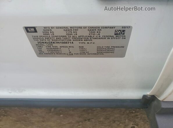 2GNALCEK7H1568714 2017 CHEVROLET EQUINOX White VIN კოდის სტიკერის ხედი