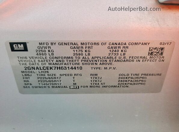 2GNALCEK7H6314410 2017 CHEVROLET EQUINOX Silver VIN კოდის სტიკერის ხედი