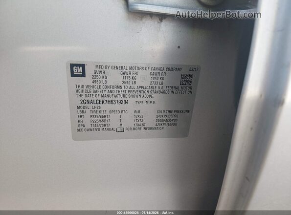 2GNALCEK7H6319204 2017 CHEVROLET EQUINOX Silver Vista del compartimento del motor