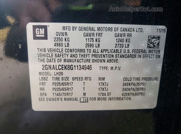 2GNALCEK8G1134946 2016 CHEVROLET EQUINOX Black Vista de la etiqueta del VIN