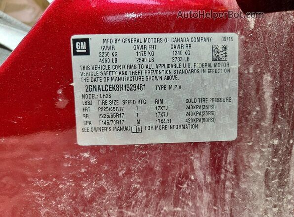 2GNALCEK8H1528481 2017 CHEVROLET EQUINOX Red VIN sticker view