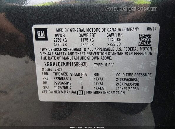 2GNALCEK8H1599938 2017 CHEVROLET EQUINOX Gray ძრავის განყოფილების ხედი
