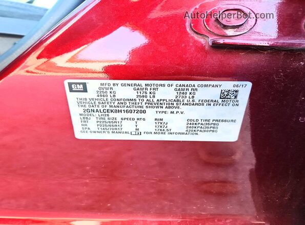 2GNALCEK8H1607200 2017 CHEVROLET EQUINOX Red Vista de la etiqueta del VIN