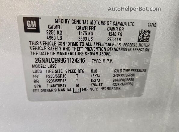 2GNALCEK9G1124216 2016 CHEVROLET EQUINOX Silver VIN կոդի պիտակի տեսք