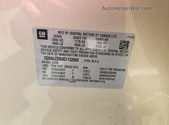2GNALCEK9G1132882 2016 CHEVROLET EQUINOX Gold Widok komory silnika