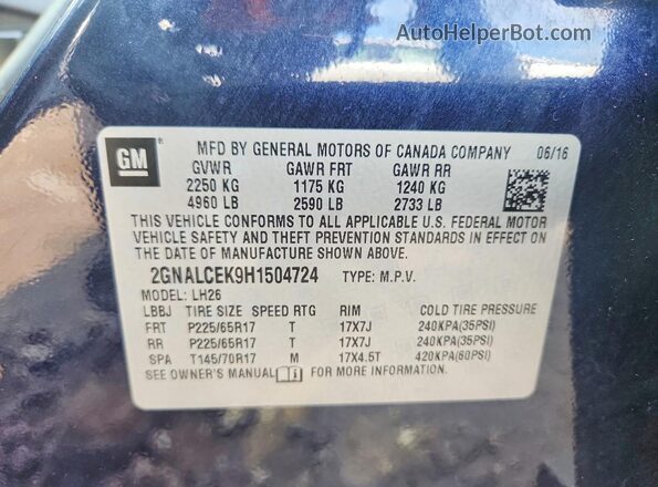 2GNALCEK9H1504724 2017 CHEVROLET EQUINOX Blue Вид наклейки з VIN-кодом