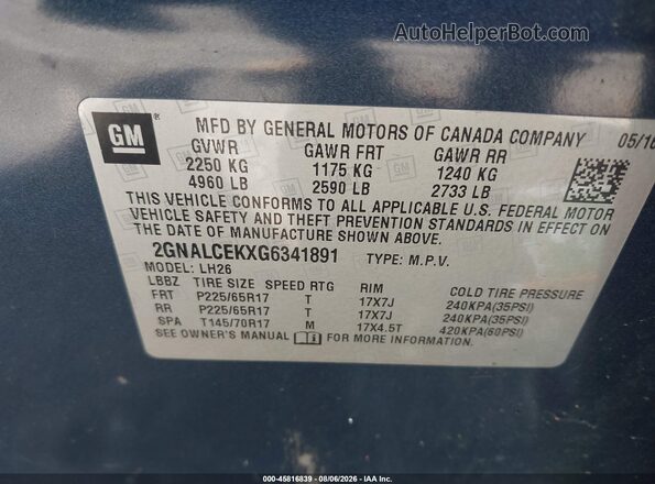 2GNALCEKXG6341891 2016 CHEVROLET EQUINOX Blue Շարժիչի բաժամունքի տեսք