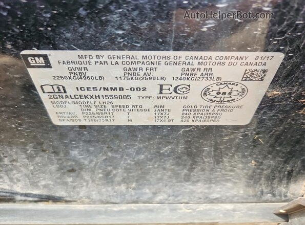 2GNALCEKXH1559005 2017 CHEVROLET EQUINOX Black Vista de la etiqueta del VIN