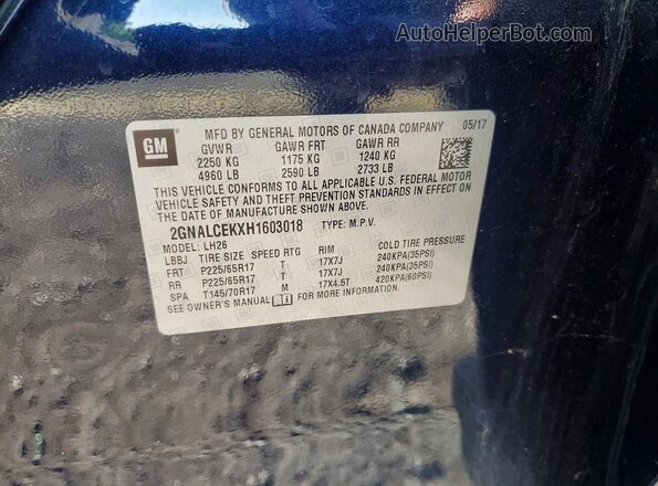 2GNALCEKXH1603018 2017 CHEVROLET EQUINOX Blue VIN კოდის სტიკერის ხედი