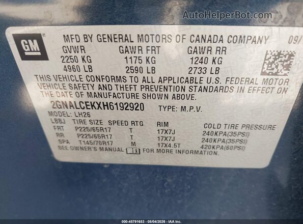 2GNALCEKXH6192920 2017 CHEVROLET EQUINOX Blue Vista del compartimento del motor