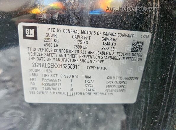 2GNALCEKXH6260911 2017 CHEVROLET EQUINOX Black Вид наклейки з VIN-кодом