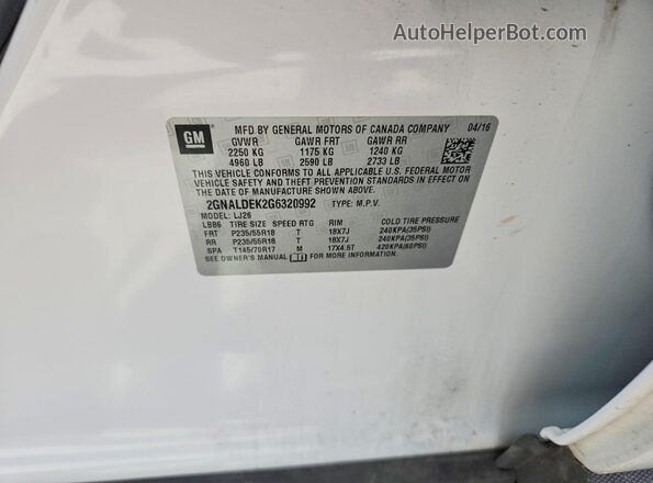 2GNALDEK2G6320992 2016 CHEVROLET EQUINOX Белый Вид наклейки с VIN-кодом
